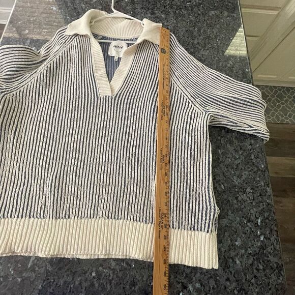 Aerie Striped Knit Collared Sweater Size Large Blue Cream Pullover - Picture 5 of 8